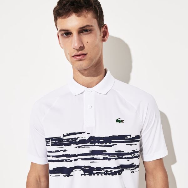 Lacoste SPORT Novak Djokovic Stretch Print Jersey Polo - Polo Pánské Bílé / Tmavě Blankyt Blankyt |